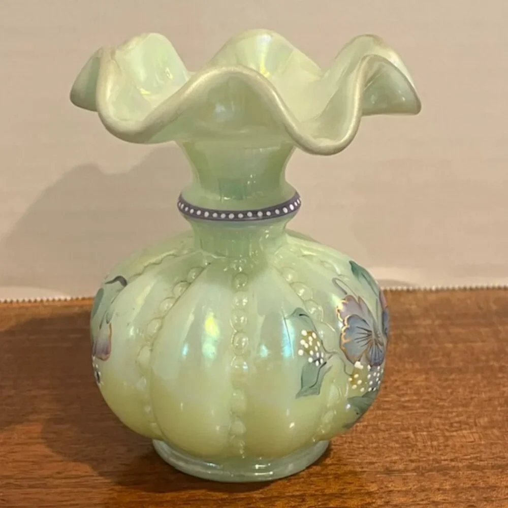 Fenton Iridized Sea Green Beaded Melon Pansies Vase Signed Frank & Tom Fenton